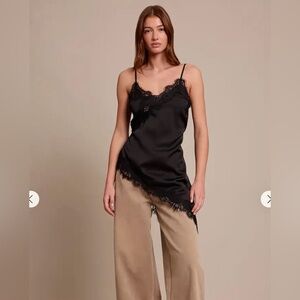 Black Lace Trim Satin Slip Shirt with Tie